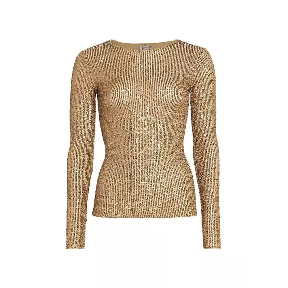 Free People Gold Rush Sequin Long Sleeve Top Blouse in Gold Combo Boho‎ Chic XS